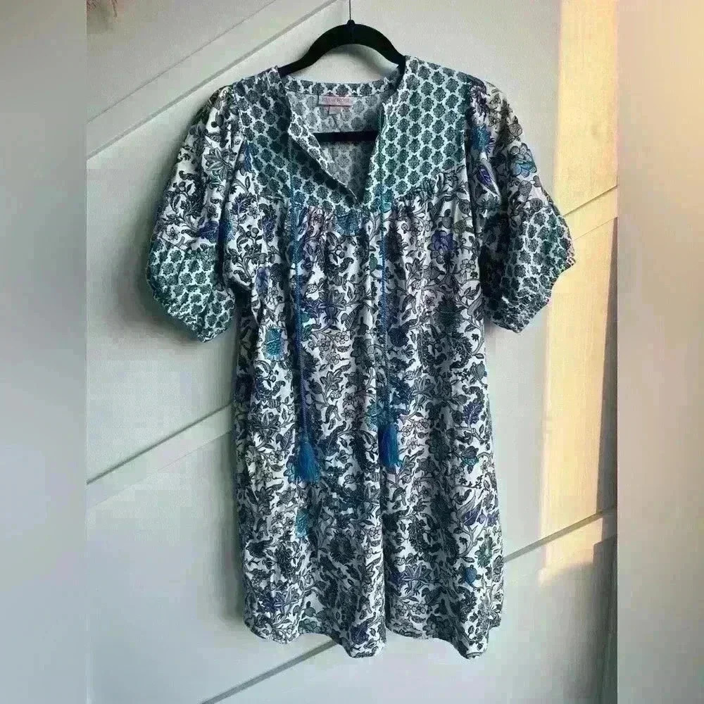 KNOX ROSE dress Puff Sleeve Blue White Bohemian Floral Tassel Tie Size S - Picture 4 of 11
